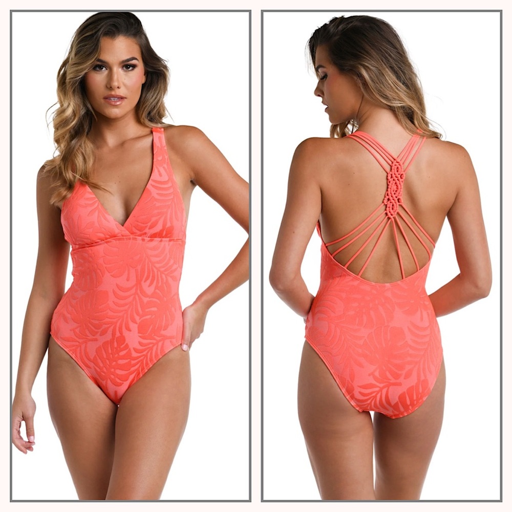 La Blanca Coral Pink One-Piece Swimsuit with Strappy Macramé Back